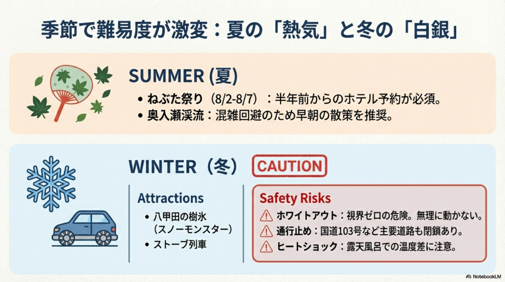 夏のねぶた祭りと冬の樹氷・ストーブ列車、および冬のホワイトアウトや道路通行止めに関する警告スライド。