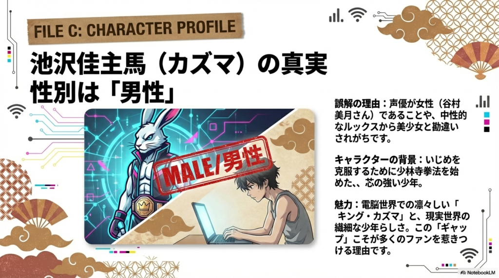 カズマの性別が「男性」であることを強調するスライド。キング・カズマと現実の少年姿の比較画像、声優が女性であることなどの誤解の理由を解説。