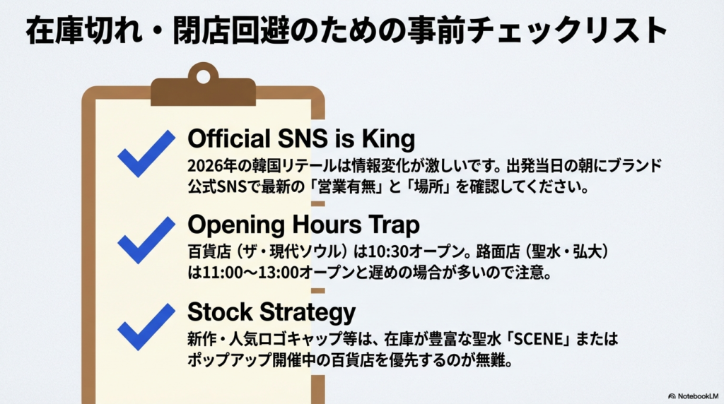 公式SNSでの確認、路面店の開店時間の遅さ、聖水SCENEでの在庫確保戦略などをまとめたチェックリストスライド。