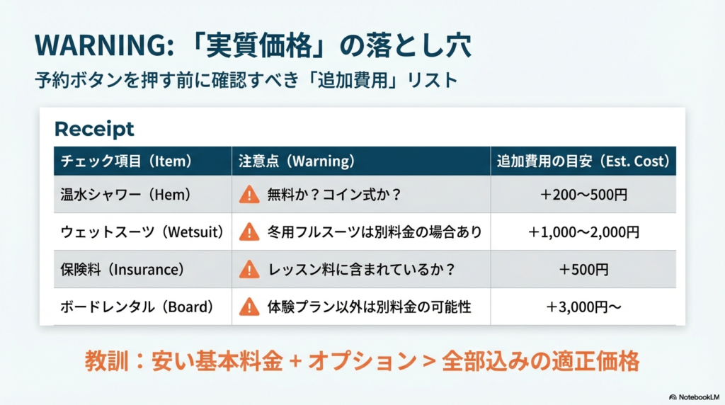 温水シャワー、冬用ウェットスーツ、保険料、ボードレンタルなど、基本料金以外にかかる可能性がある追加費用の目安表。
