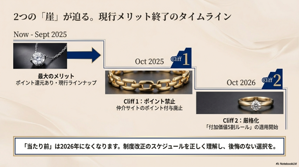 現在から2026年10月にかけてのスケジュール図。2025年10月の「ポイント禁止」と、2026年10月の「付加価値5割ルールの厳格化」という2つの大きな転換点(崖)を示している。
