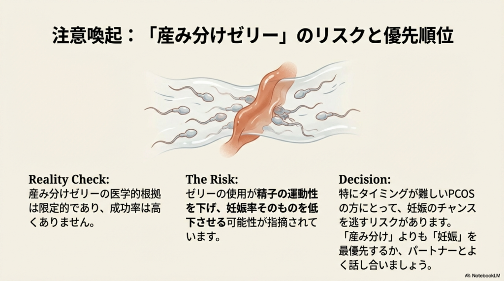 精子とゼリーのイラストと共に、ゼリーが精子の運動性を下げ妊娠率を低下させるリスクがあることを警告し、妊娠を最優先にすることを提案するスライド。