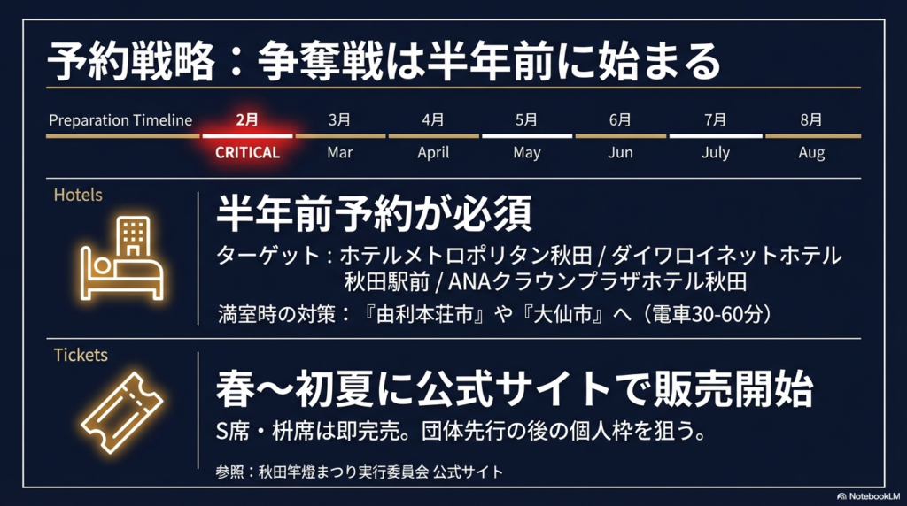 ホテル予約は2月、チケット確保は春からという準備スケジュールと、秋田市内の主要ターゲットホテルや満室時の代替都市を記したスライド。
