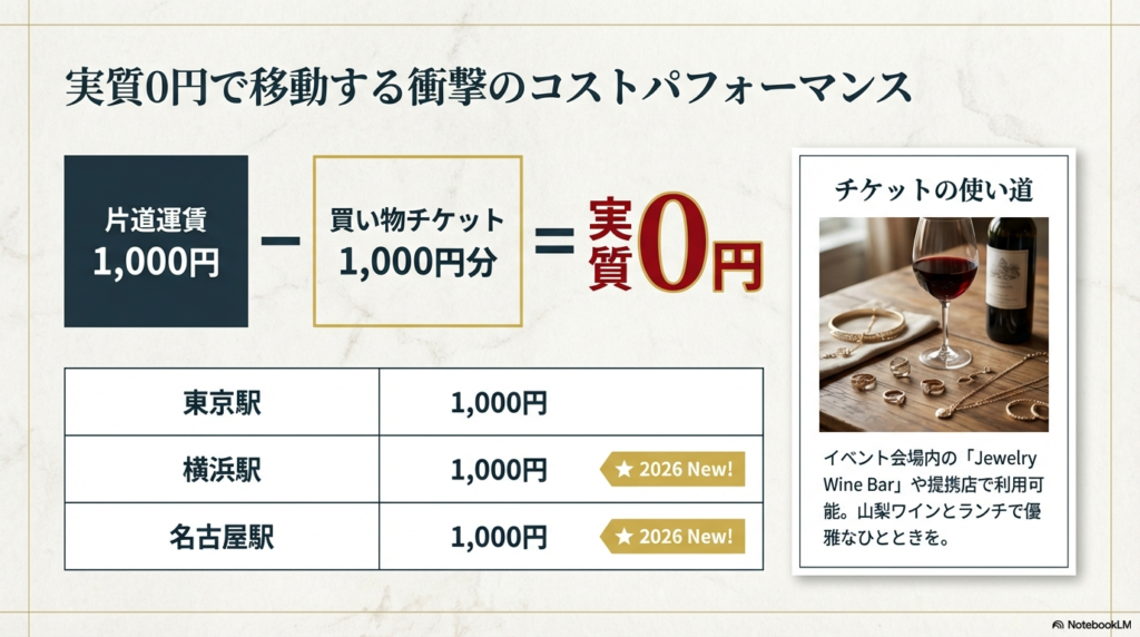 東京・横浜・名古屋からの片道1,000円運賃と、同額の買い物チケットが「Jewelry Wine Bar」などで使えることを示すスライド。