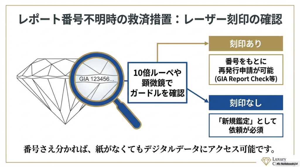 ダイヤモンドのガードルにあるレーザー刻印を10倍ルーペで確認し、番号があれば再発行可能、なければ新規鑑定が必要であることを示すイラスト。