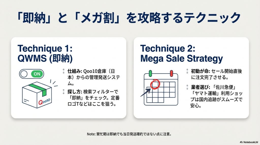 Qoo10国内倉庫（QWMS）からの発送商品の探し方と、メガ割セールで初動を逃さないための戦略を解説したスライド 。