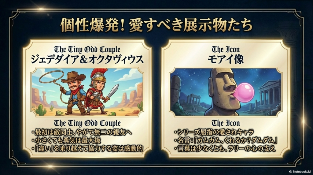 ジェデダイア＆オクタヴィウスと、モアイ像の魅力や名言をまとめたキャラクター紹介スライド 。