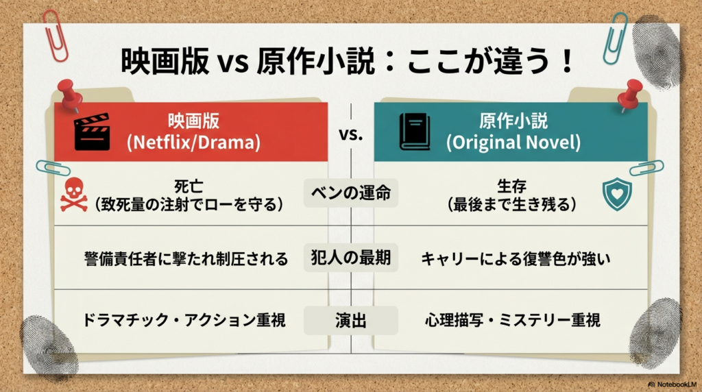 映画版と原作小説の比較表。ベンの運命（死亡か生存か）や犯人の末路、演出の重点の違いを整理。
