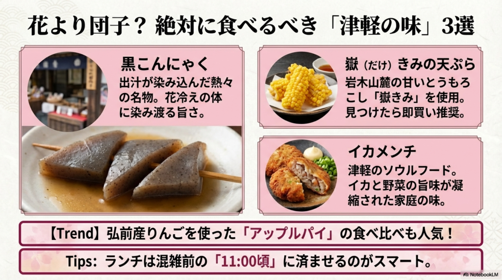 弘前さくらまつりの名物グルメ「黒こんにゃく」「嶽（だけ）きみの天ぷら」「イカメンチ」の3種を写真付きで紹介。アップルパイの食べ比べや、ランチを11時頃に済ませるコツも記載されている。