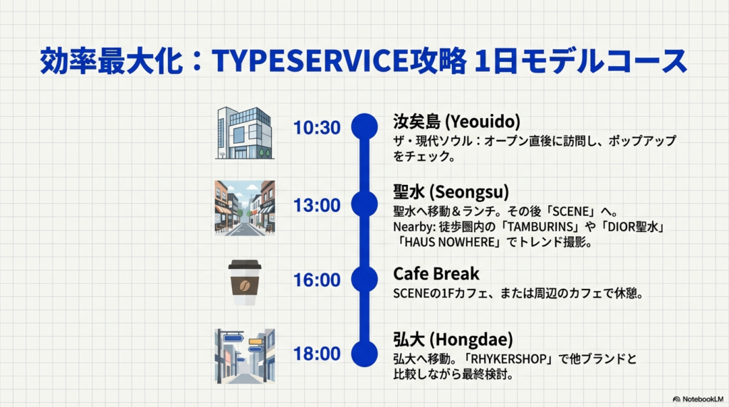 10:30汝矣島、13:00聖水、18:00弘大と、1日で効率よく店舗を巡るタイムラインを示したスライド。