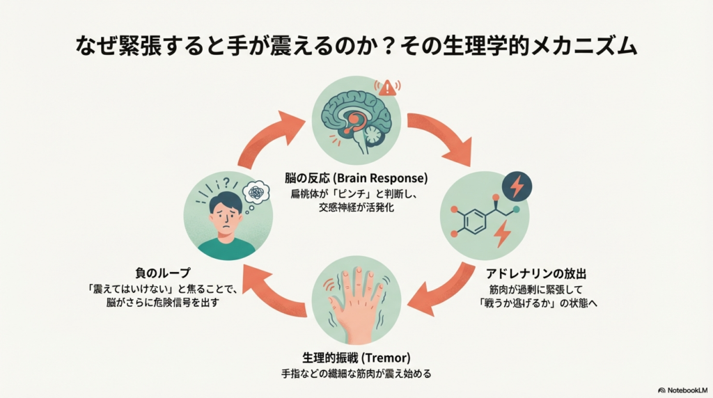 脳の扁桃体がピンチと判断し交感神経が活発化、アドレナリン放出により筋肉が過剰に緊張して手指が震える「負のループ」を説明する図解。