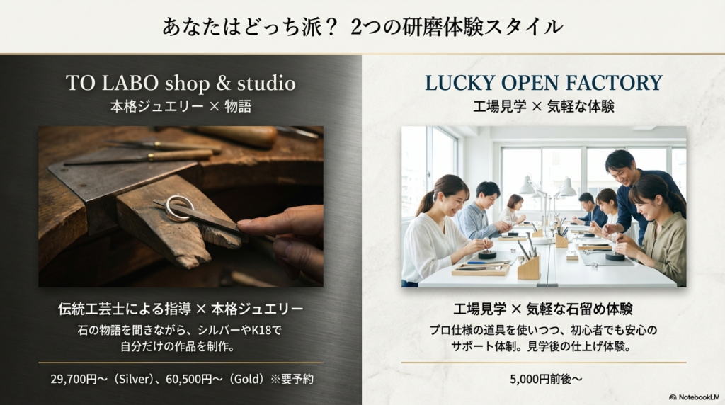 本格派の「TO LABO」と気軽な「LUCKY OPEN FACTORY」の、内容・価格・特徴を比較した表形式のスライド。