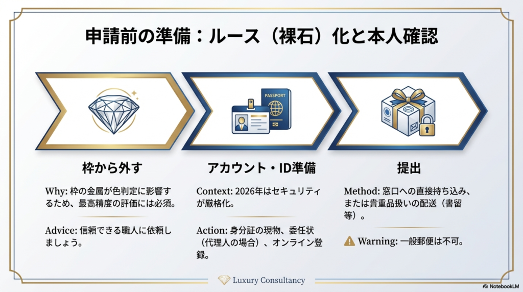 枠から外してルース（裸石）にすることの重要性と、パスポート等の身分証準備、貴重品配送の利用など、2026年のセキュリティ基準に則った手順を示すスライド。