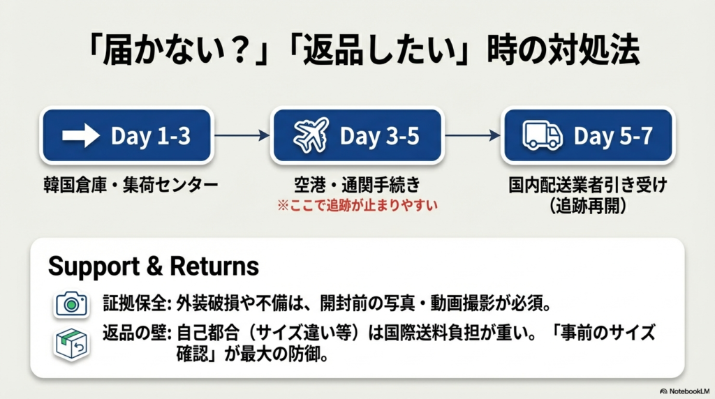 韓国倉庫から国内配送業者に引き継がれるまでのタイムライン（Day 1〜7）と、不備があった際の証拠保全（写真撮影）の重要性を説明するスライド 。