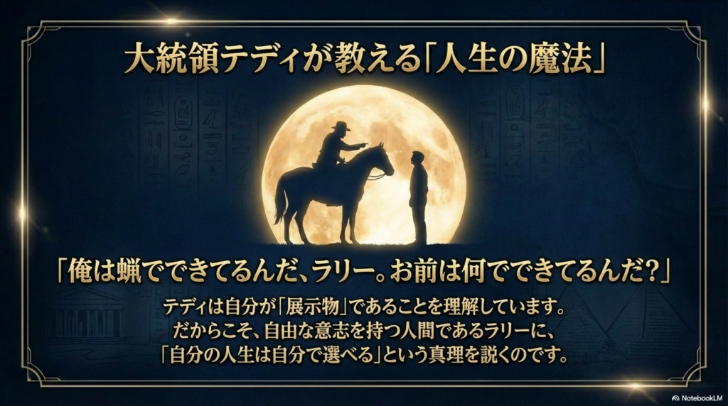 月夜をバックに馬に乗るテディとラリーのシルエット、そして「お前は何でできてるんだ？」という問いかけが記されたスライド 。