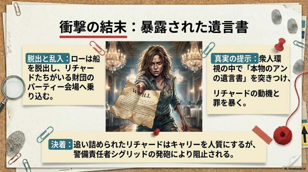 ボロボロになったアンの遺言書を突きつけるローのイラスト。パーティー会場でリチャードの罪を暴く決着のシーン。