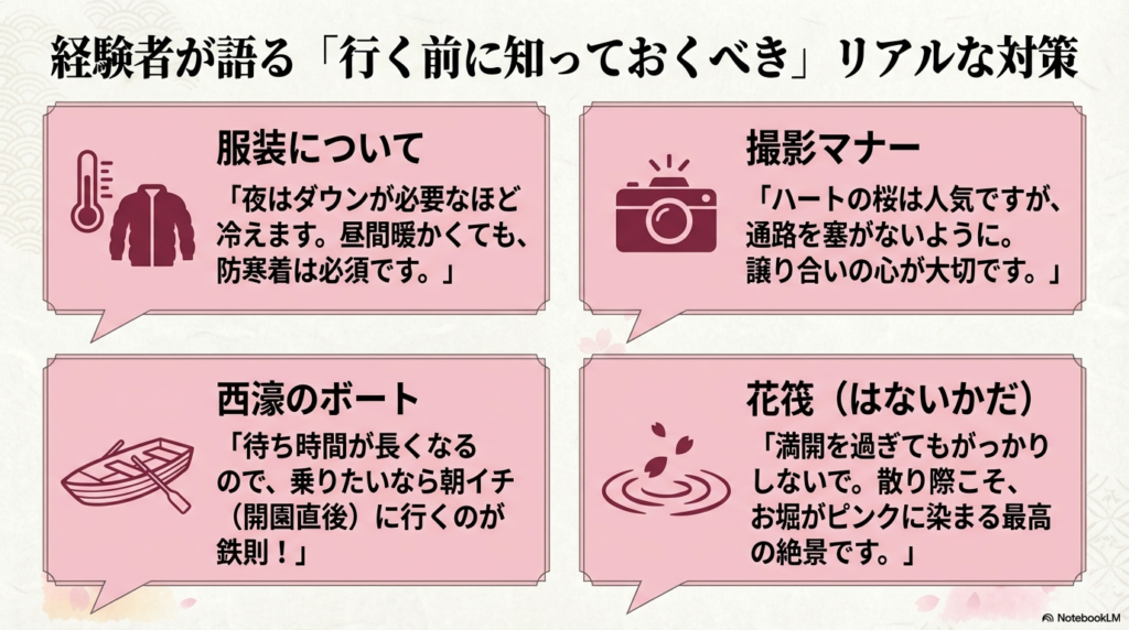 経験者の声を元にした対策集。夜の防寒着（ダウン等）の必要性、ハートの桜での撮影マナー、西濠のボートに朝イチで乗るべき鉄則、散り際の花筏の魅力について解説している。