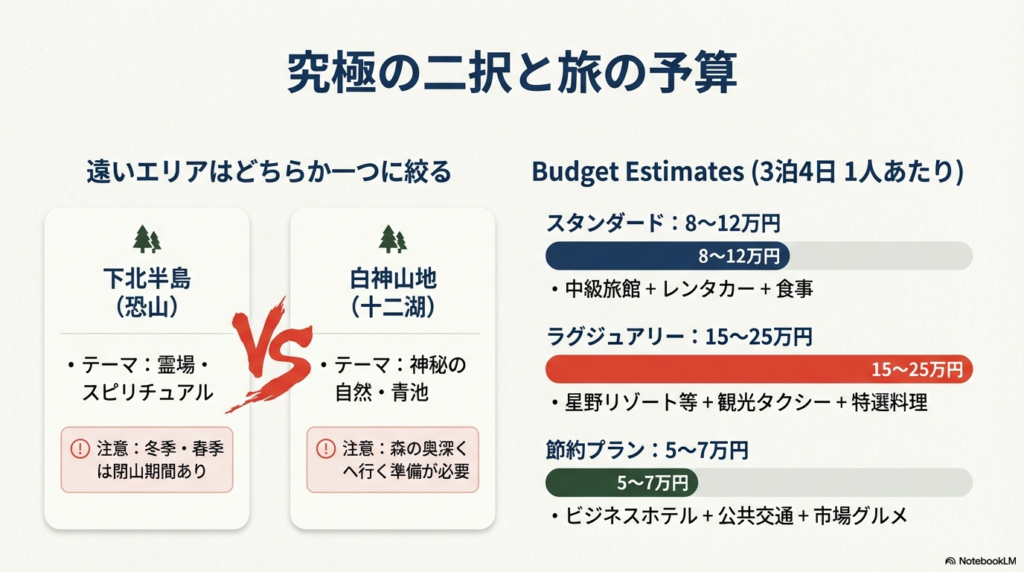 下北半島と白神山地のテーマ別比較と、スタンダード・ラグジュアリー・節約の3パターン別予算目安。
