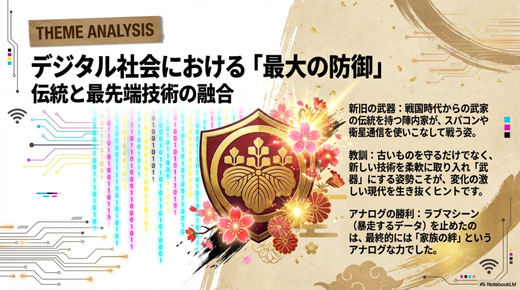 武家の伝統とスパコン等の最新技術の融合を解説するスライド。古いものを守りつつ新しい技術を武器にする柔軟性と、最終的な「アナログの勝利（家族の絆）」を分析。