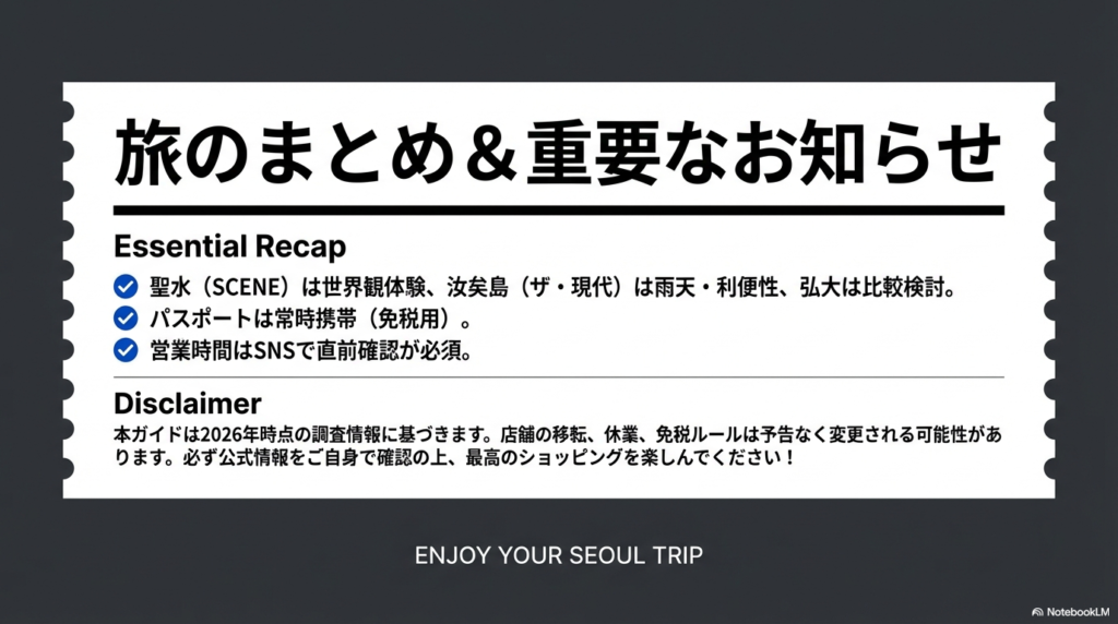 3大エリアの使い分けと、公式SNS確認・パスポート携帯の重要性を再掲したまとめスライド。
