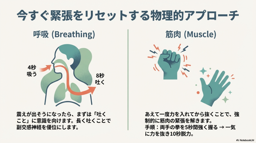 4秒吸って8秒吐く呼吸法と、5秒拳を握って10秒脱力する漸進的筋弛緩法の手順を示すイラスト付き解説。
