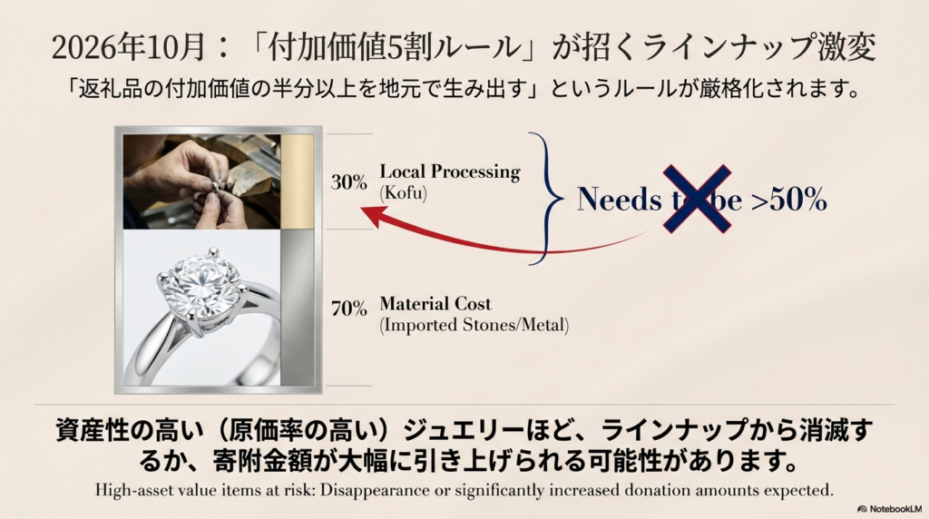返礼品の付加価値の半分以上を地元で生み出すルールの図解。材料費(輸入石や地金)が高い資産重視のジュエリーは、寄附金額の引き上げやラインナップ消滅の可能性があることを示唆している。