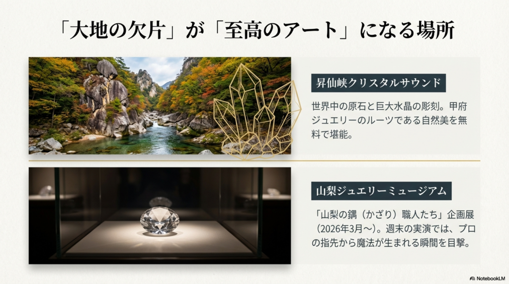 昇仙峡クリスタルサウンドの自然美と、山梨ジュエリーミュージアムの企画展・実演案内をまとめたスライド。