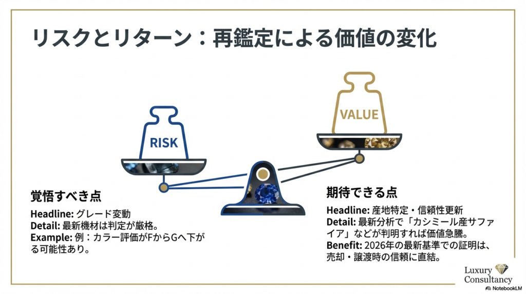 グレードが下がるリスクと、産地特定（カシミール産サファイア等）により価値が急騰するリターンを天秤で表現したスライド。