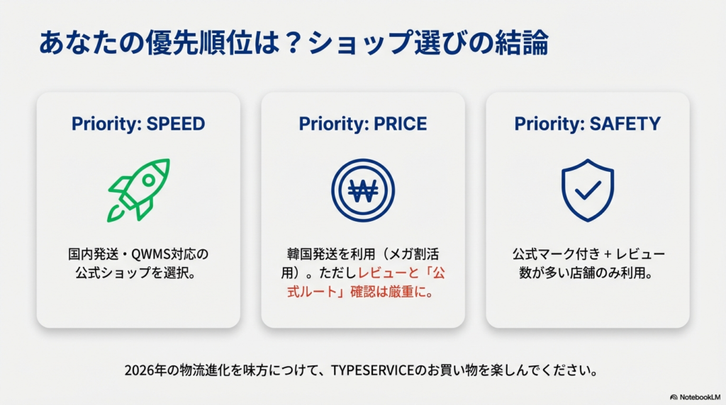 「スピード」「価格」「安全性」のうち、自分が何を優先するかによって選ぶべきショップのタイプ（国内発送・公式ルート等）をまとめた最終確認スライド 。