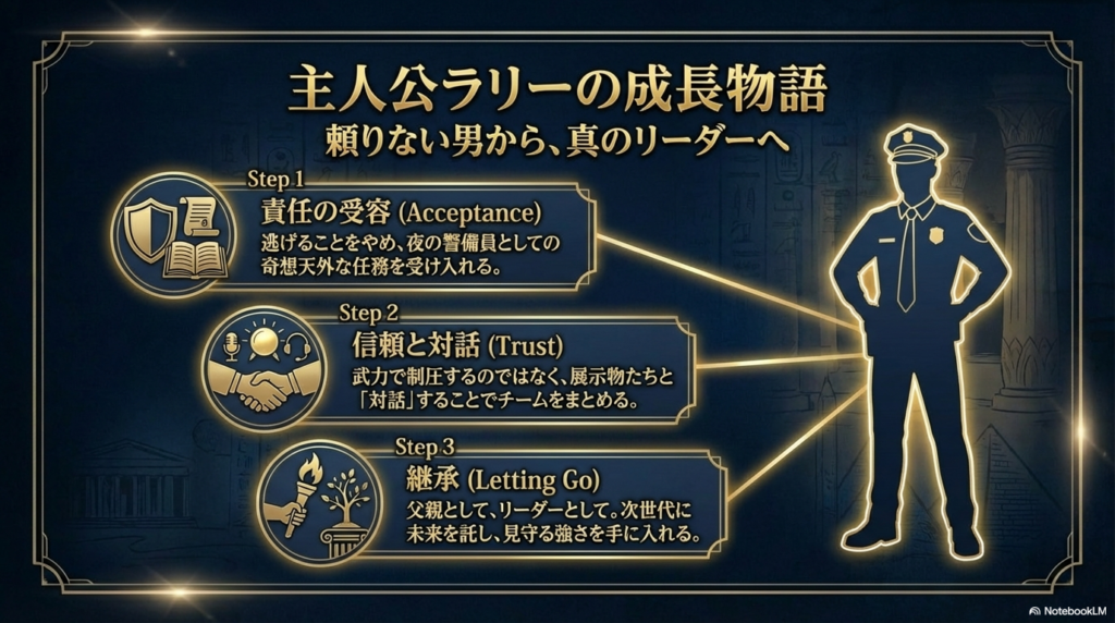 「責任の受容」「信頼と対話」「継承」という3つのステップで、ラリーの成長を描いたプロセス図のスライド 。