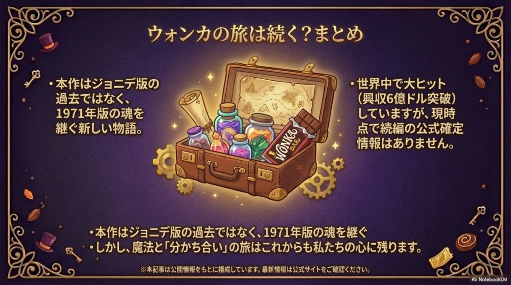 世界興収6億ドル突破のヒット報告と、本作は1971年版の魂を継ぐ新しい物語であること、現時点で公式な続編情報は未確定であることのまとめ。