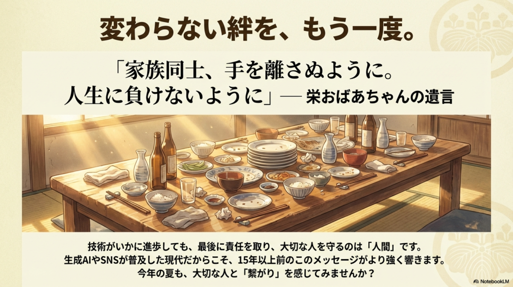 夕暮れ時の賑やかな食卓の風景に、栄おばあちゃんの「家族同士、手を離さぬように」という言葉を添えた情緒的な画像。
