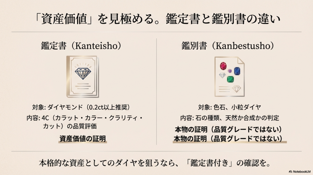 ダイヤモンドの品質評価(4C)を行う「鑑定書」と、石の種類を証明する「鑑別書」の違いを比較した表。資産としてのダイヤを狙うなら鑑定書付きを推奨する内容。