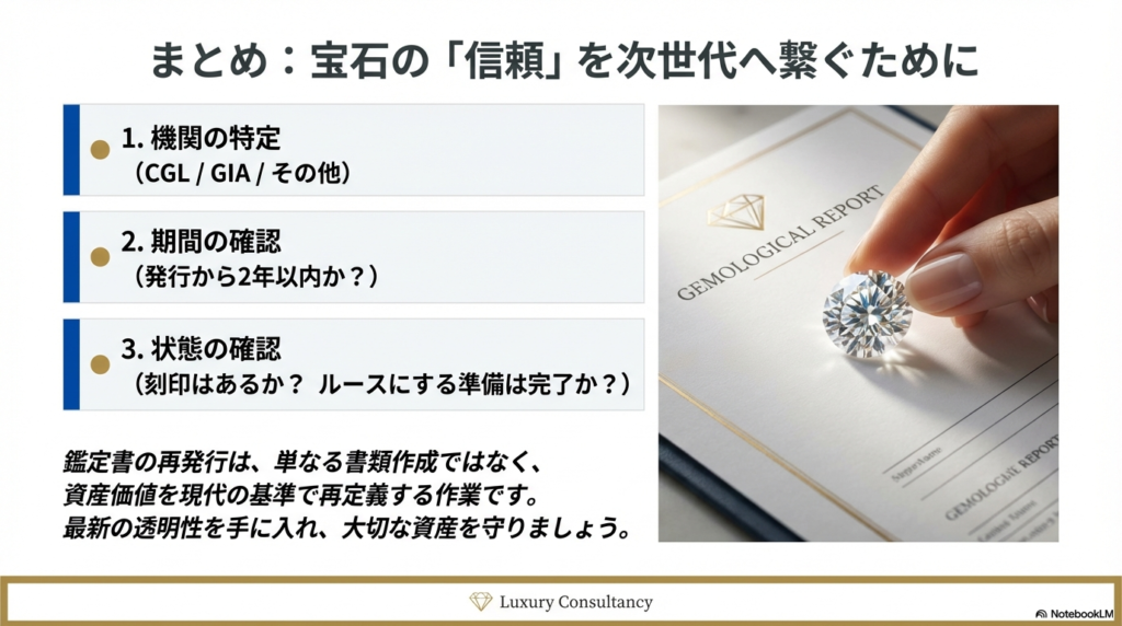 1.機関の特定、2.期間の確認、3.状態の確認という3つのステップを提示し、資産価値を現代の基準で再定義することを促すまとめスライド。