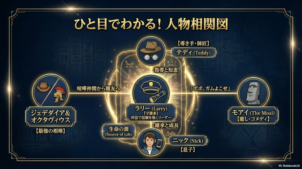守護者ラリーを中心に、師匠テディ、息子ニック、相棒ジェデダイア＆オクタヴィウスらの関係性を示した相関図スライド 。