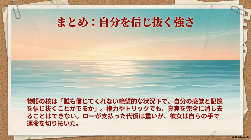 絶望的な状況でも自分の感覚と記憶を信じ抜くことの大切さを説く、物語の総括メッセージ。