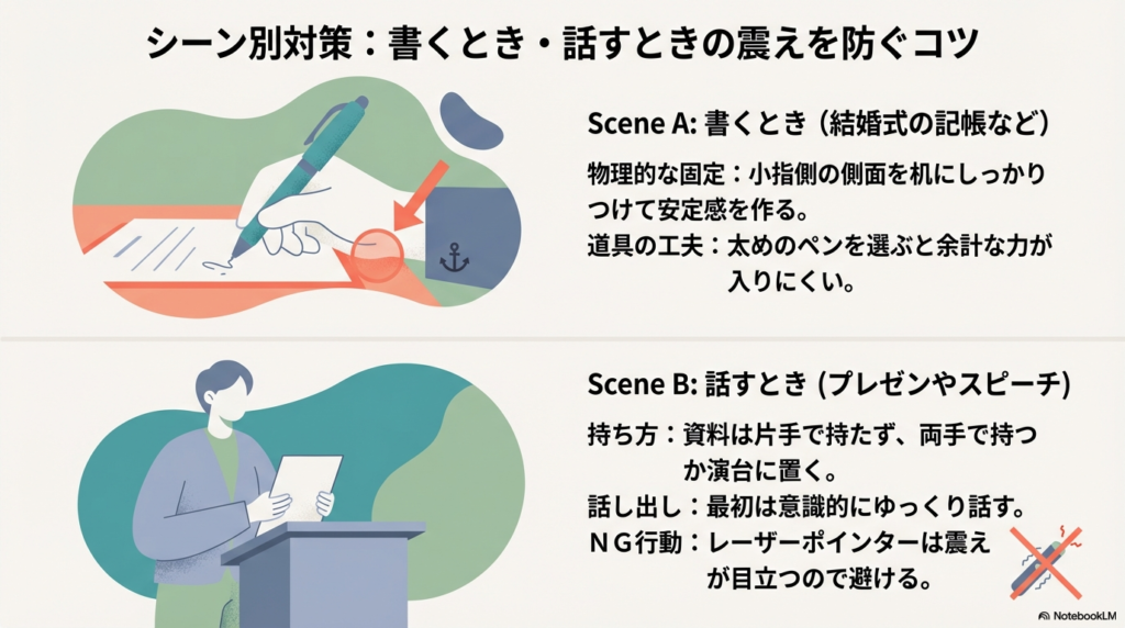 記帳時に手を固定する方法や太いペンを使うコツ、プレゼンで資料を両手で持つ・ゆっくり話すなどの具体的な震え対策のまとめ。