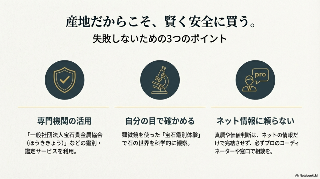 専門機関(宝石貴金属協会)の活用、顕微鏡による鑑別体験、プロへの相談を推奨する、盾や顕微鏡のアイコン付きスライド。
