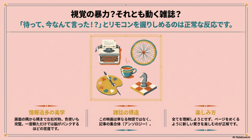 タイプライターやコーヒーカップ、チェスの駒などのイラスト。「情報過多の美学」「雑誌の構造」「楽しみ方」について解説しており、全てを理解しようとせず驚きを楽しむことを推奨している。