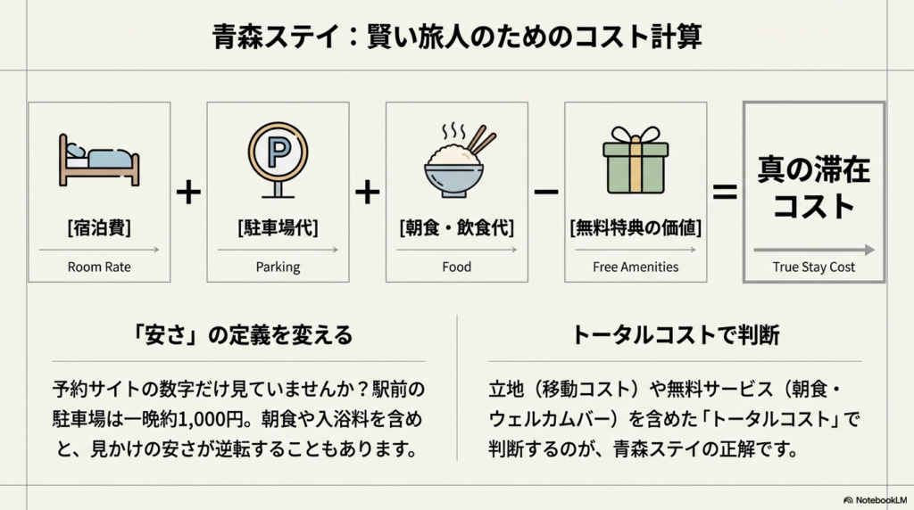 スーパーホテルのウェルカムバー飲み放題と、青森センターホテルの源泉掛け流し天然温泉無料特典による節約効果を説明するスライド。