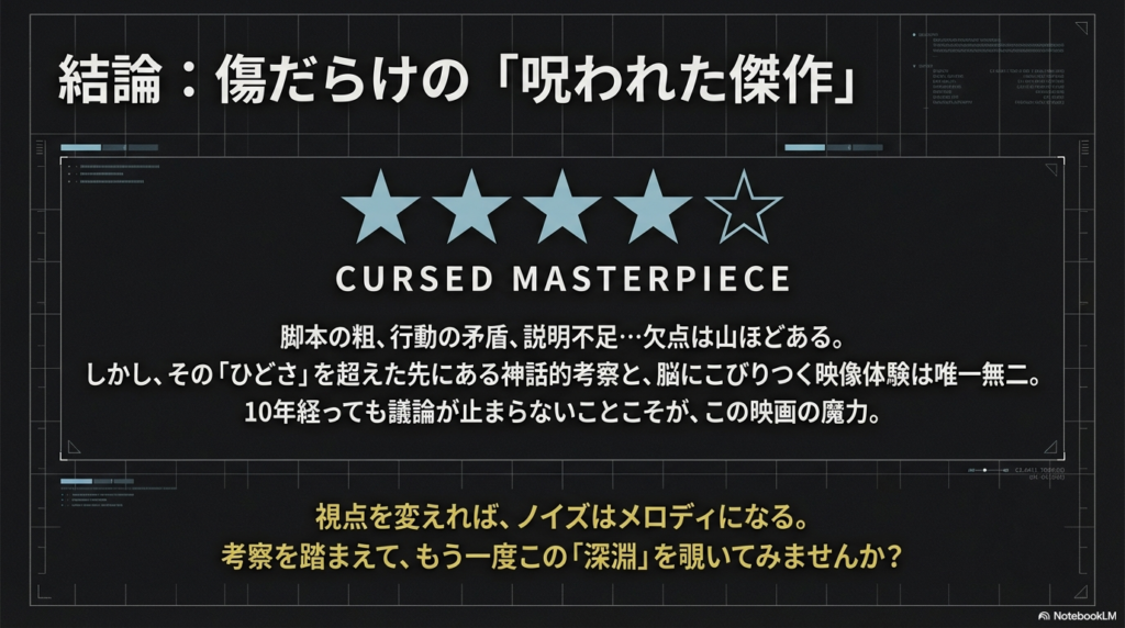 欠点を超えた神話的考察と映像体験の魔力を称える、まとめのスライド。