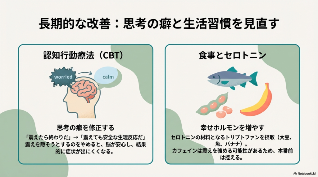 認知行動療法による思考の修正（震えても安全）、セロトニンを増やす食事、カフェイン摂取の注意点についての解説スライド。