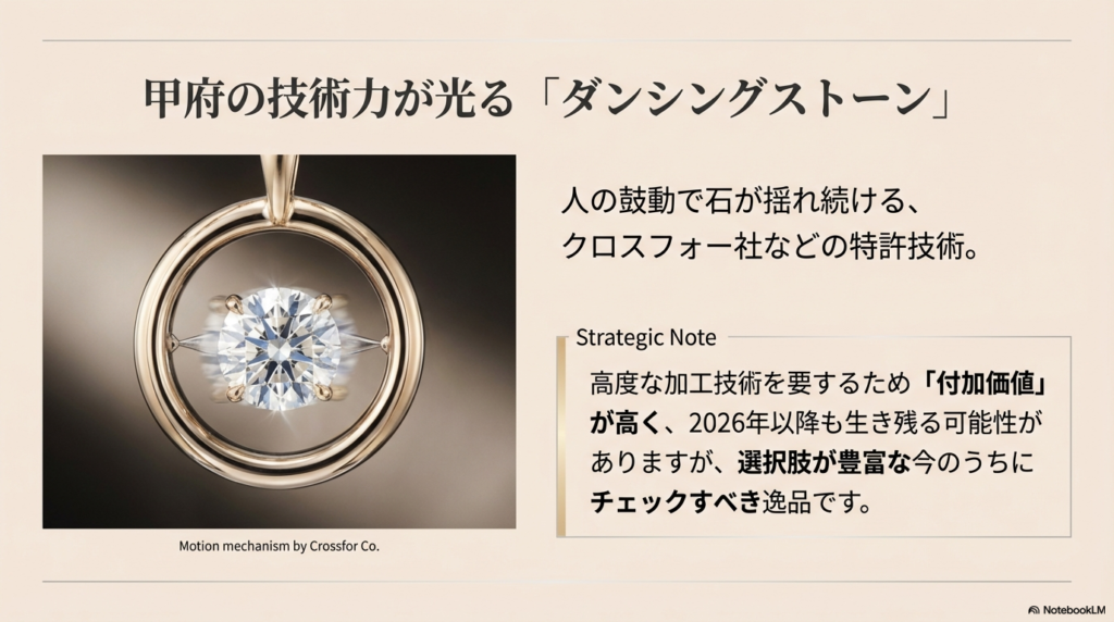 鼓動で石が揺れ続けるダンシングストーンの拡大写真。高度な加工技術による付加価値が高いため、2026年以降も生き残る可能性があるという戦略的メモ。