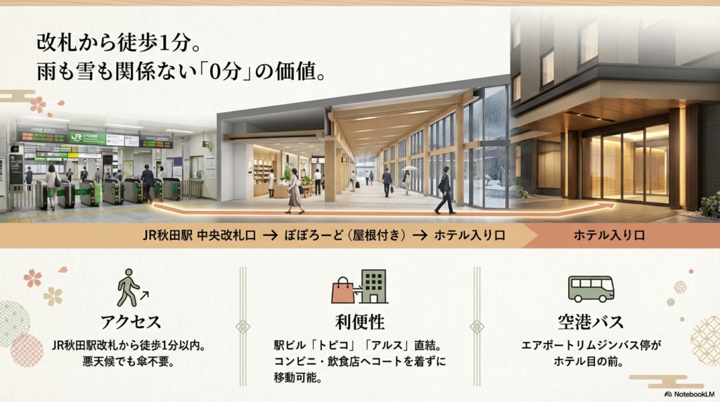 JR秋田駅の中央改札から屋根付きの「ぽぽろーど」を通って、傘不要でホテル入り口まで到着できる最短ルートを示した画像とアクセスの利便性。