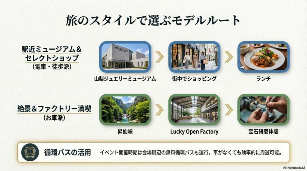 電車・徒歩派向けの「駅近コース」と、お車派向けの「絶景&ファクトリーコース」を比較紹介するスライド。