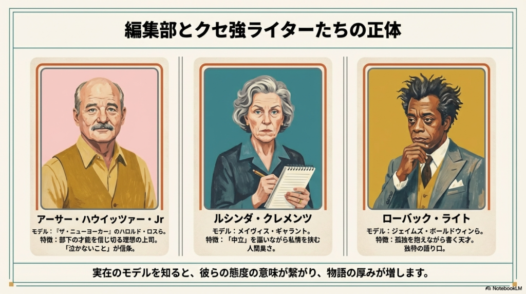 編集長アーサー、記者ルシンダ、記者ローバックのイラスト。「ザ・ニューヨーカー」の編集者やジェイムズ・ボールドウィンなど、実在のモデルとなった人物が紹介されている。