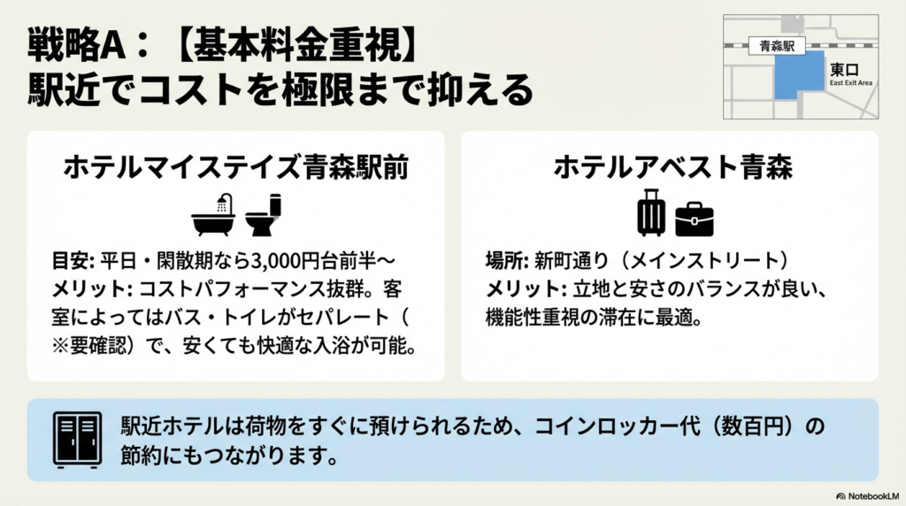 青森駅東口エリアの地図と、ホテルマイステイズ青森駅前、ホテルアベスト青森のメリット(3,000円台〜、バス・トイレ別など)を紹介するスライド。