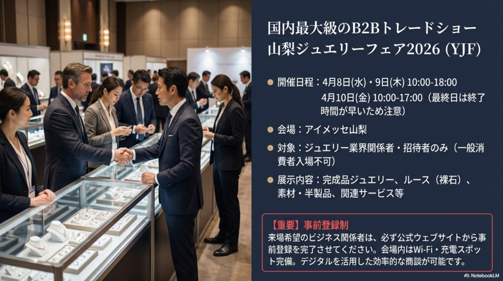 スーツ姿のビジネスマンが商談をしている写真。開催日程（4/8-10）、会場（アイメッセ山梨）、対象（業界関係者のみ）などの詳細情報が記載されています。