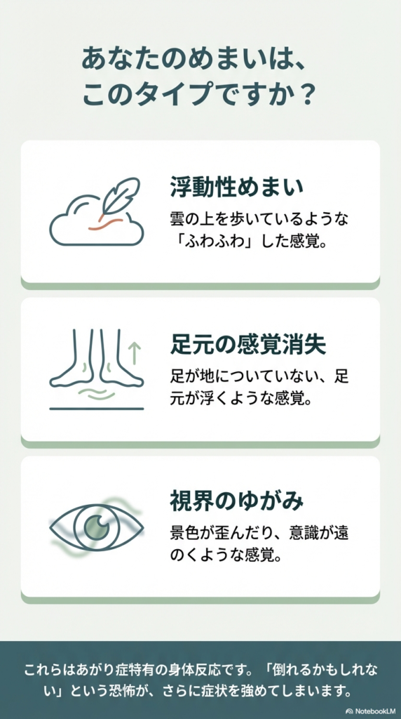 浮動性めまい（雲の上を歩くようなふわふわ感）、足元の感覚消失（足元が浮く感覚）、視界のゆがみ（景色が歪む、意識が遠のく）の3つのタイプを説明するイラスト付きスライド。