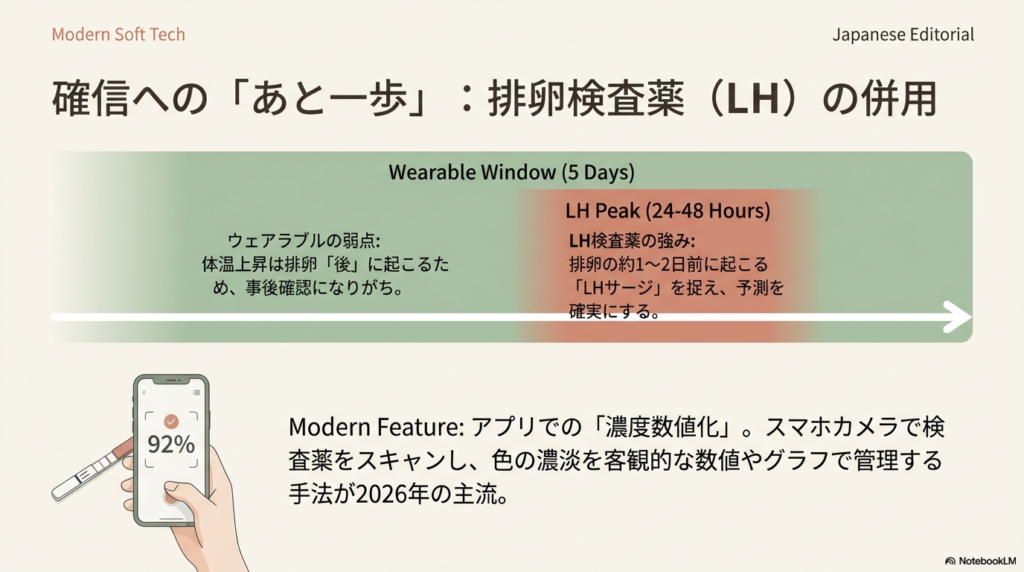 スマホカメラでLH検査薬をスキャンし、濃度を数値(92%等)として可視化する最新機能のイメージ。